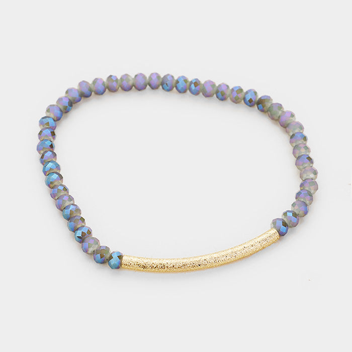 Faceted Bead Textured Metal Accented Stretch Bracelet (Blue Iridescent)