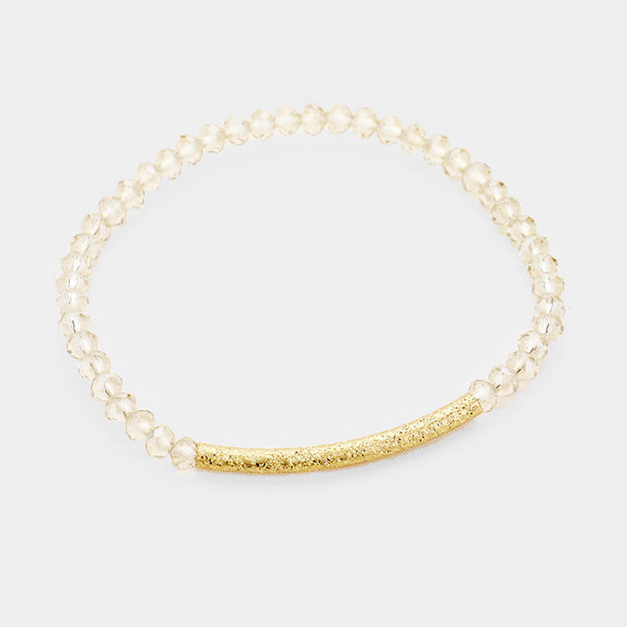 Faceted Bead Textured Metal Accented Stretch Bracelet (Clear)