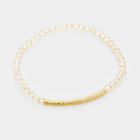 Faceted Bead Textured Metal Accented Stretch Bracelet (Clear)