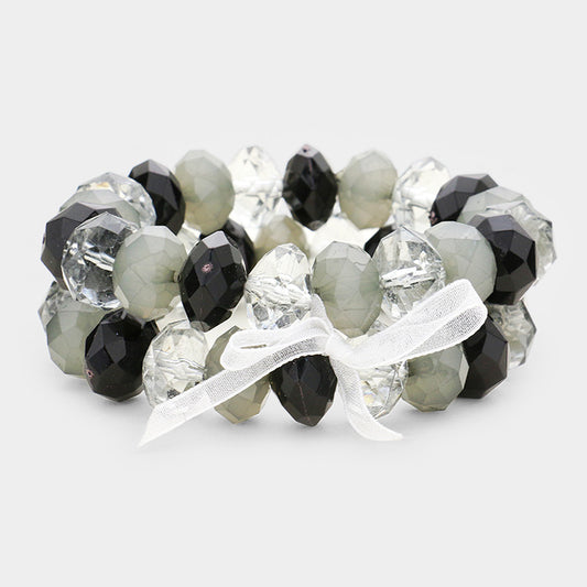 Faceted Lucite Beaded Ribbon Stretch Bracelet Set - Black