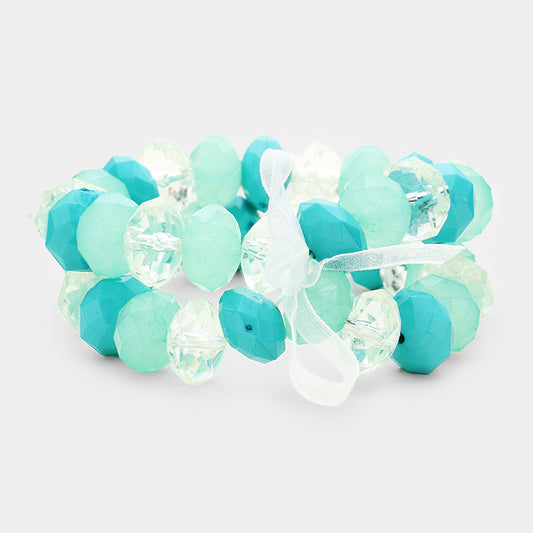 Faceted Lucite Beaded Ribbon Stretch Bracelet Set - Turquoise