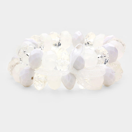 Faceted Lucite Beaded Ribbon Stretch Bracelet Set - White