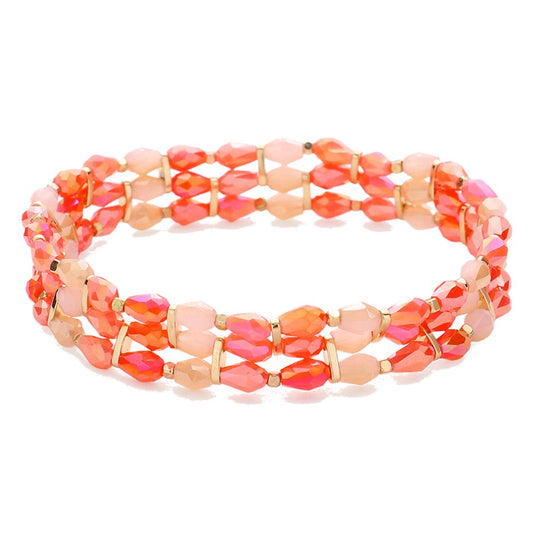 Faceted Teardrop Beaded Stretch Bracelet (Coral)