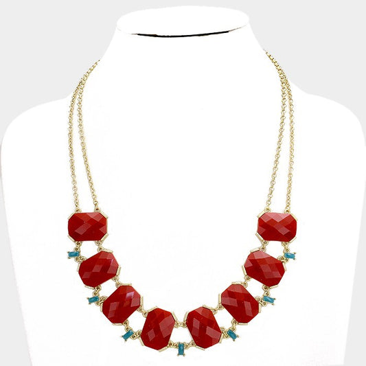 Red Faceted Stone Link Necklace