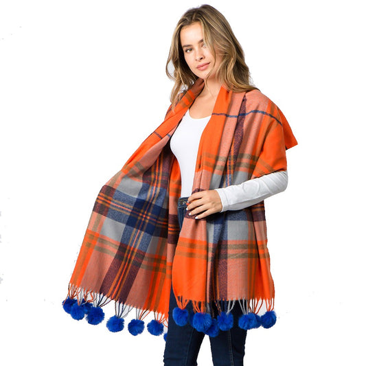 Pom Pom Tassel Tartan Plaid Scarf (Orange, Blue)