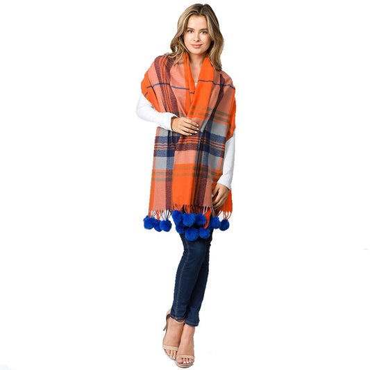 Pom Pom Tassel Tartan Plaid Scarf (Orange, Blue)