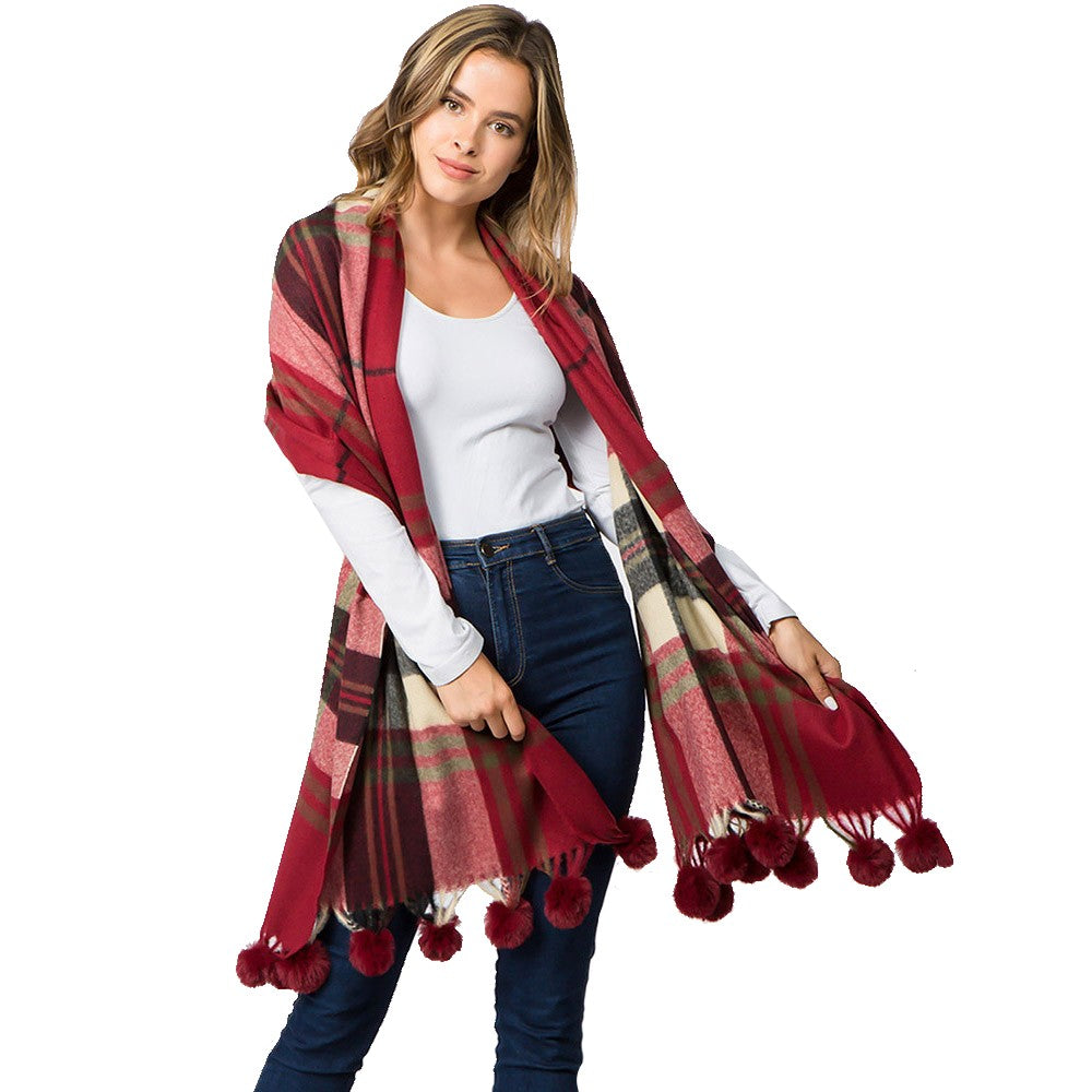 Faux Fur Pom Pom Tassel Plaid Scarf (Red)