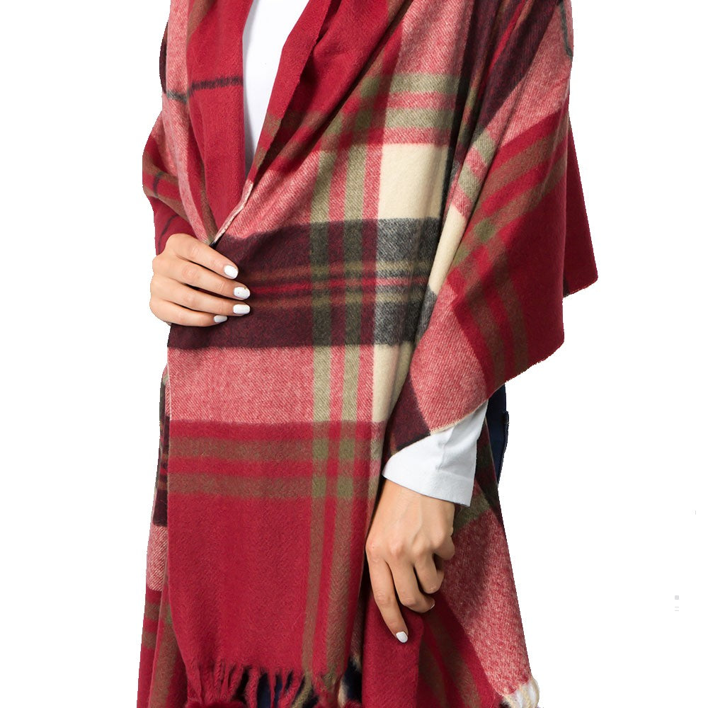Faux Fur Pom Pom Tassel Plaid Scarf (Red)