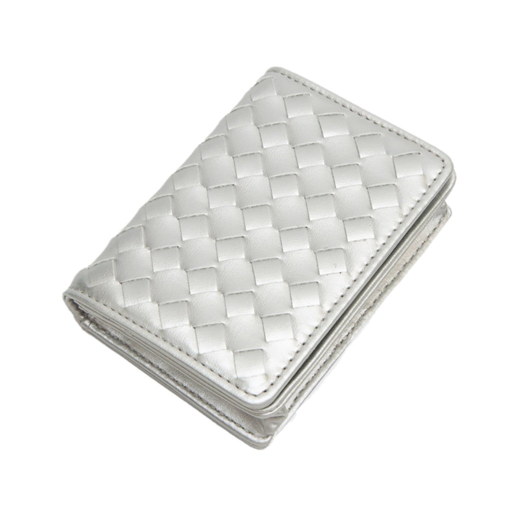 Metallic Silver Faux Leather Basketweave Fold Card Holder Wallet