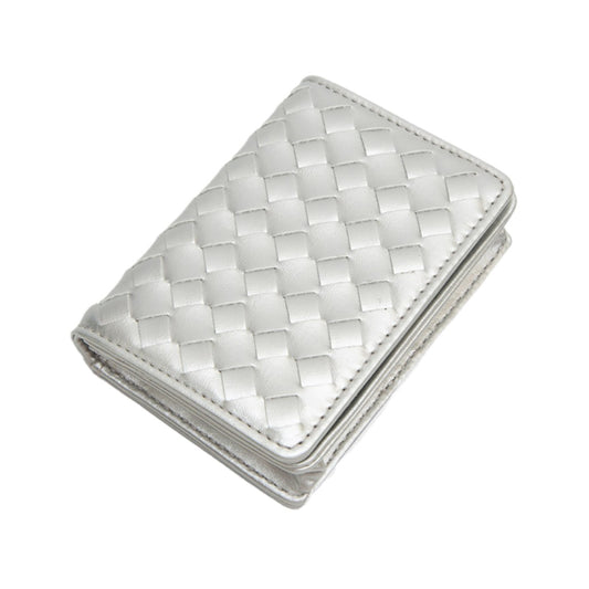 Metallic Silver Faux Leather Basketweave Fold Card Holder Wallet