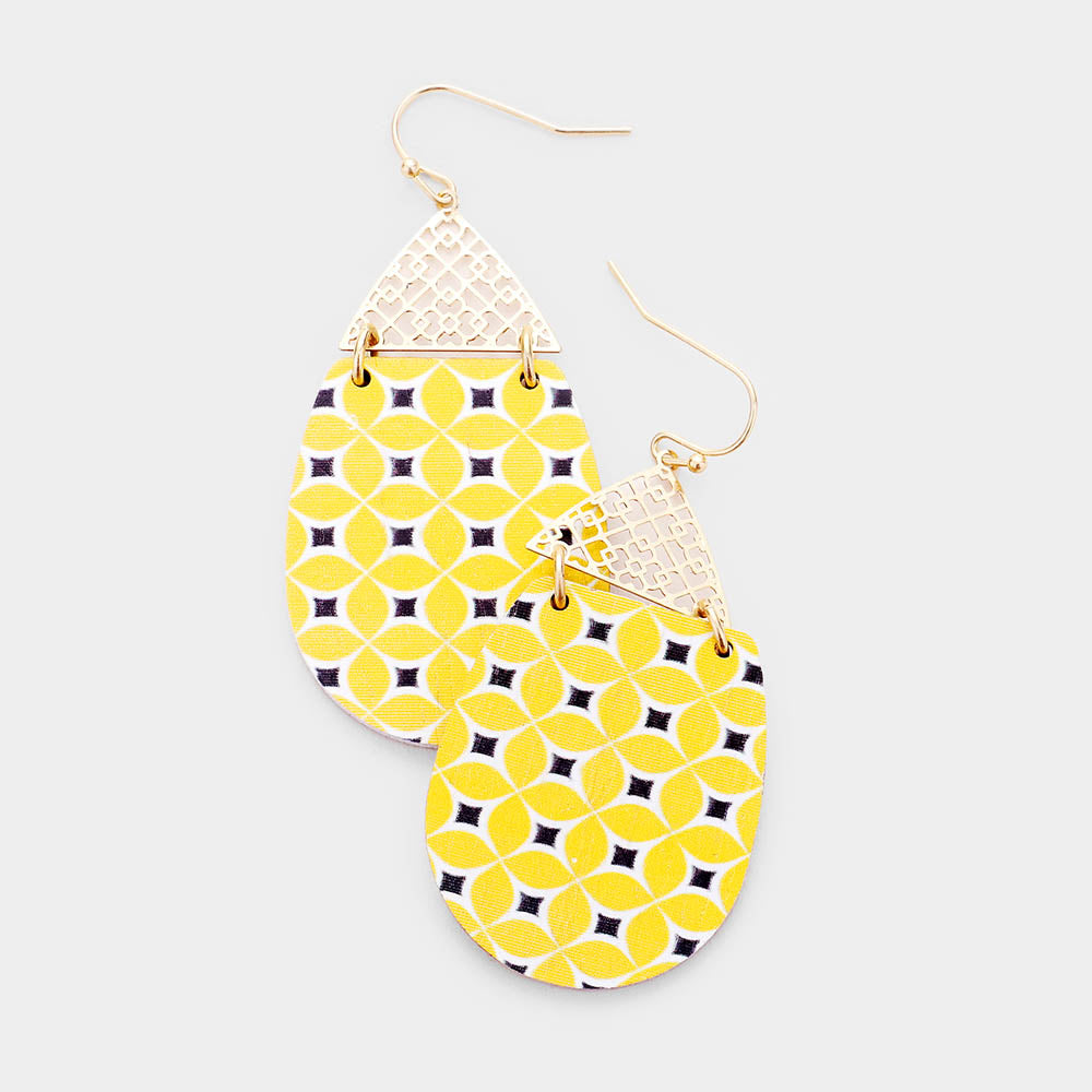 Yellow Filigree Teardrop Dangle Wood Earrings