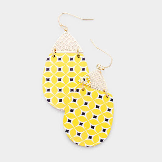 Yellow Filigree Teardrop Dangle Wood Earrings