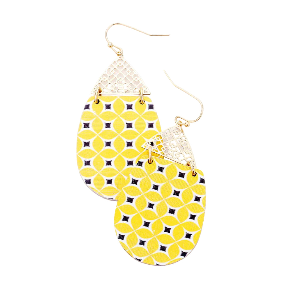Yellow Filigree Teardrop Dangle Wood Earrings
