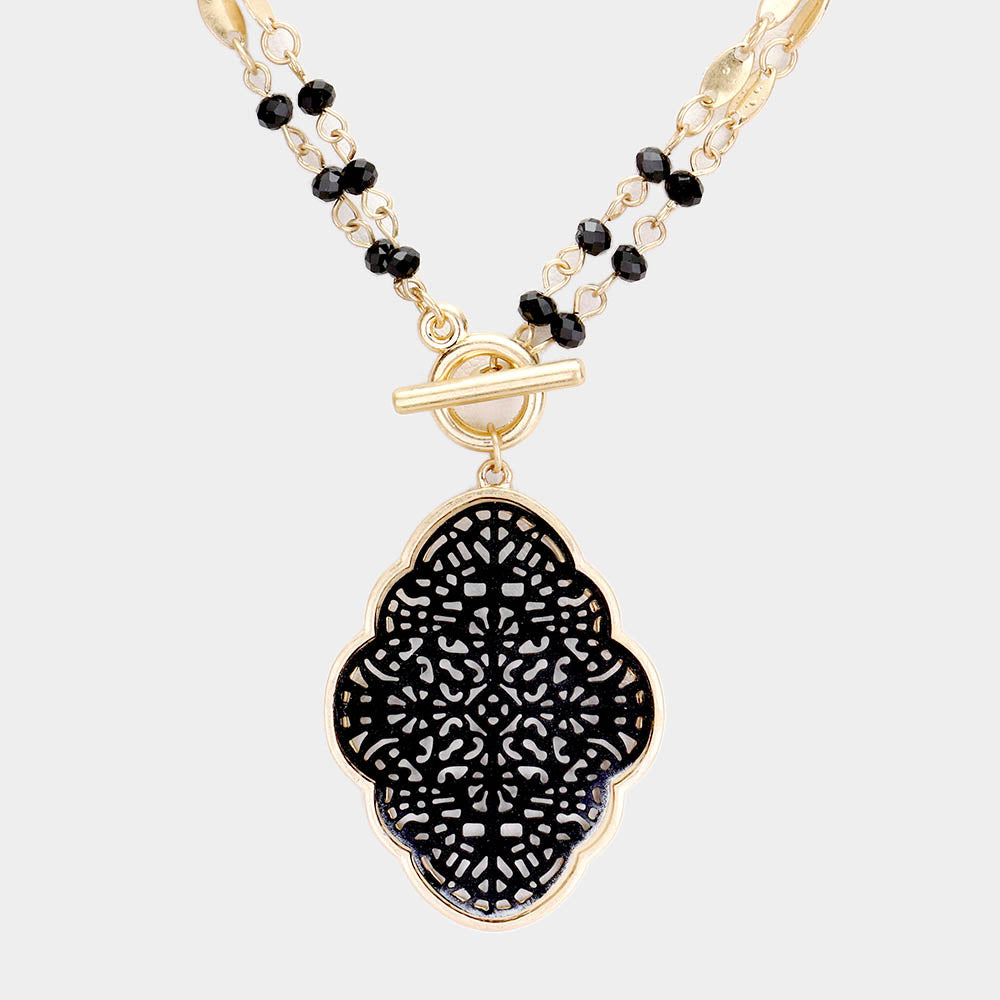 Filigree Metal Trim Multi Bead Toggle Necklace