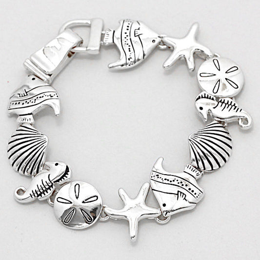 Metal Fish, Starfish & Sand Dollar Link Magnetic Bracelet