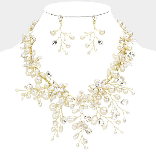 Floral Pearl Wire Vine Evening Necklace and Earring Set