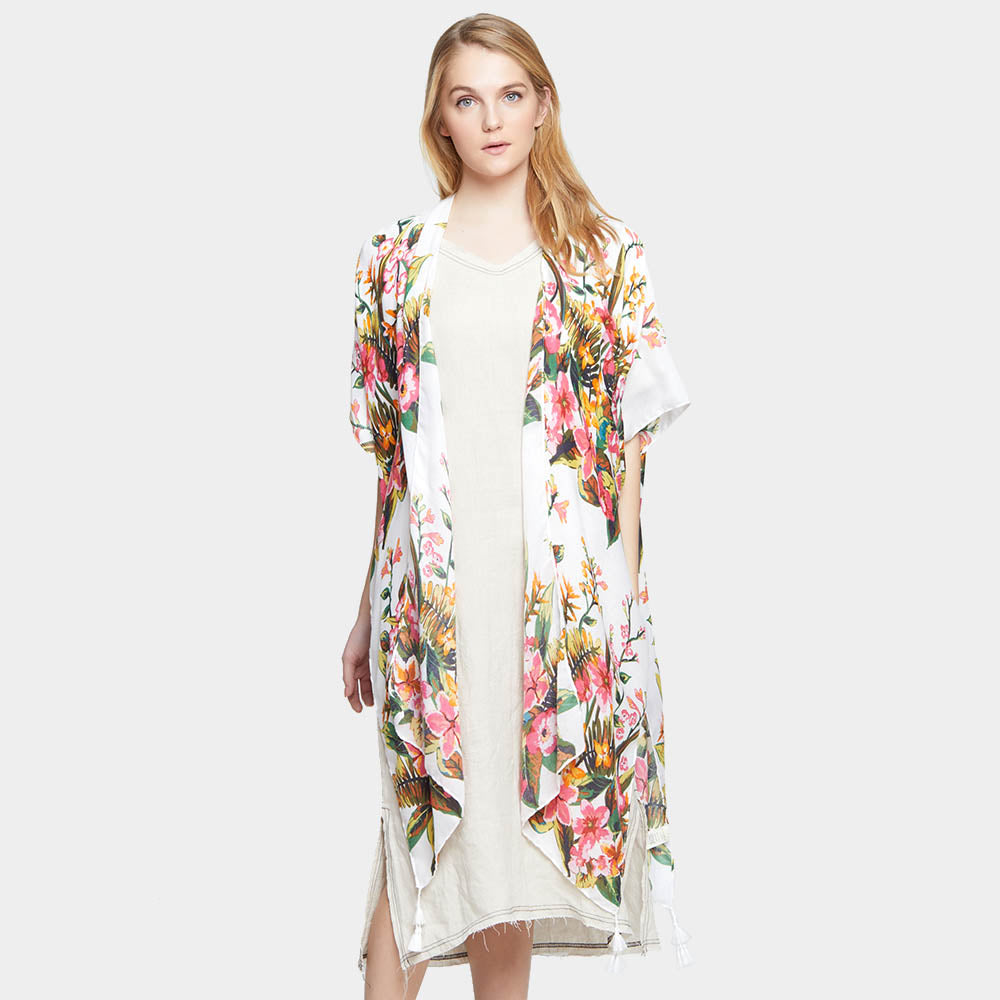 Floral Print Kimono Cardigan - Bathing Suit Cover-Up