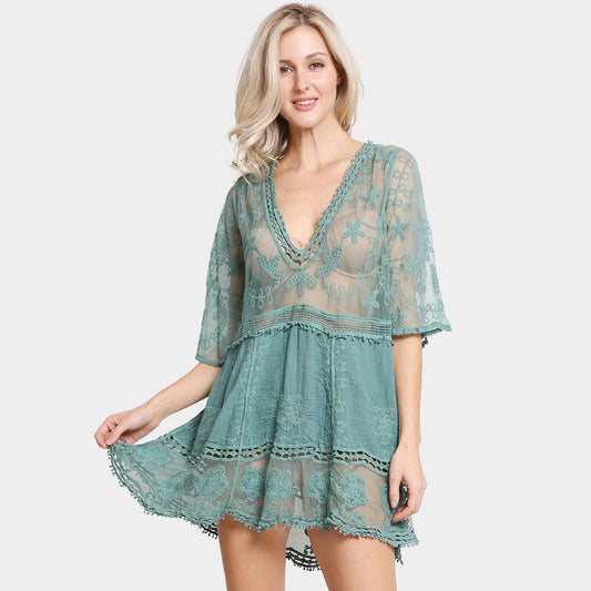 Lace Flower Patterned V-Neck Shirt, Blouse, Cover Up Dress (Soft Blue)