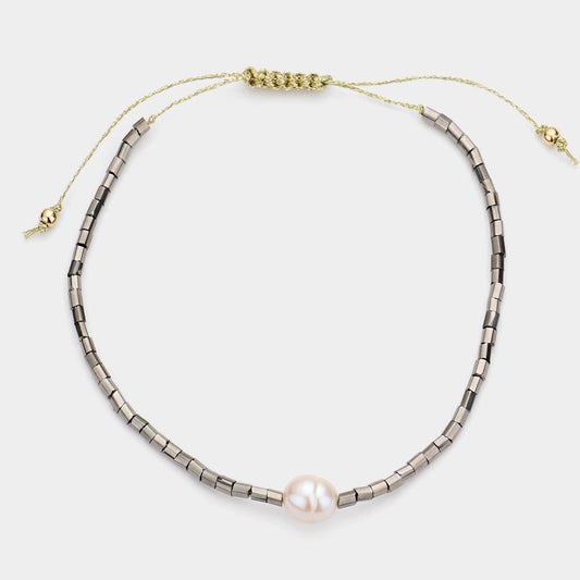 Freshwater Pearl Accented Beaded Bracelet (Hematite)