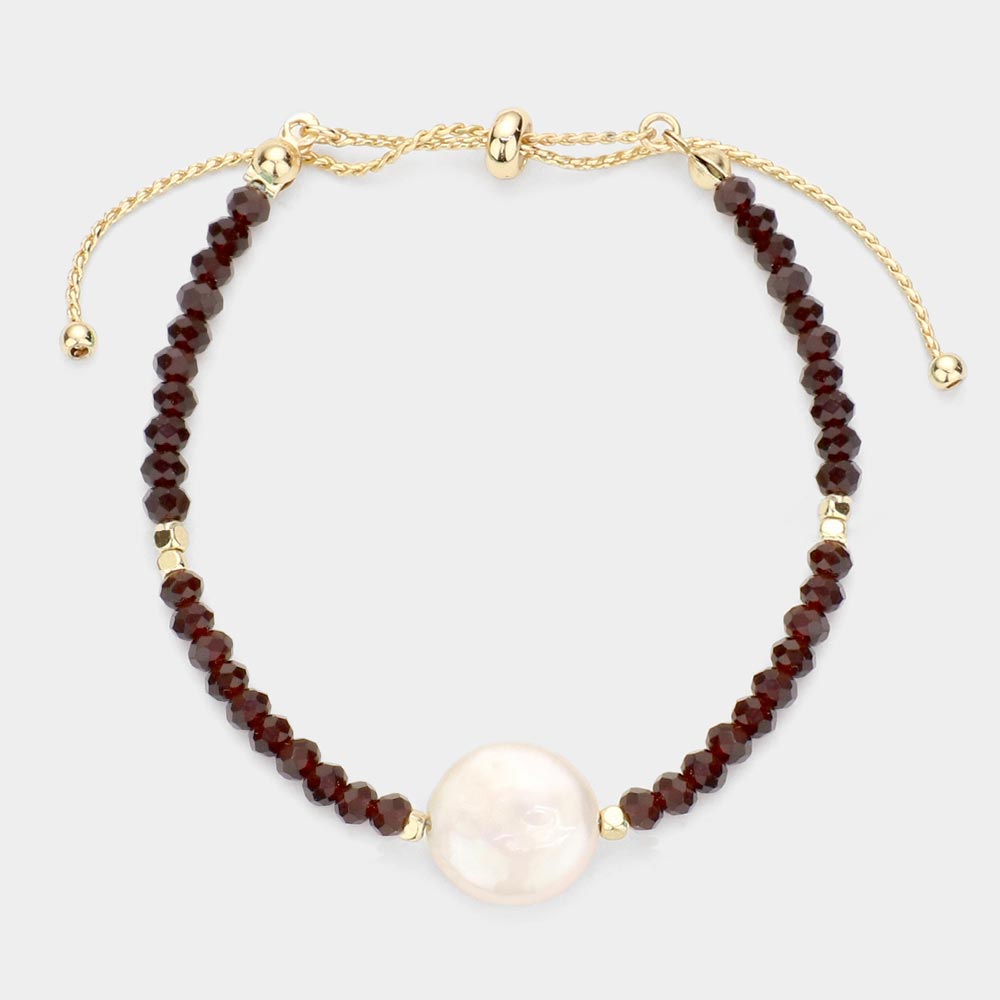 Freshwater Pearl Accented Faceted Pull Tie Cinch Beaded Bracelet (Burgundy Black)