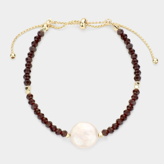 Freshwater Pearl Accented Faceted Pull Tie Cinch Beaded Bracelet (Burgundy Black)