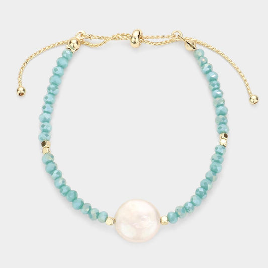 Freshwater Pearl Accented Faceted Pull Tie Cinch Beaded Bracelet (Turquoise)