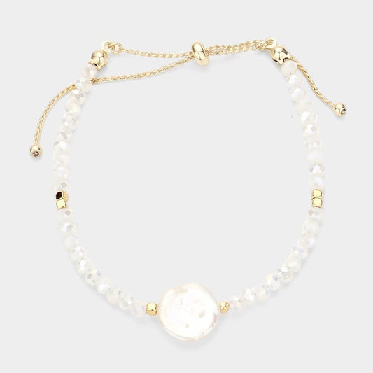 Freshwater Pearl Accented Faceted Pull Tie Cinch Beaded Bracelet (White)