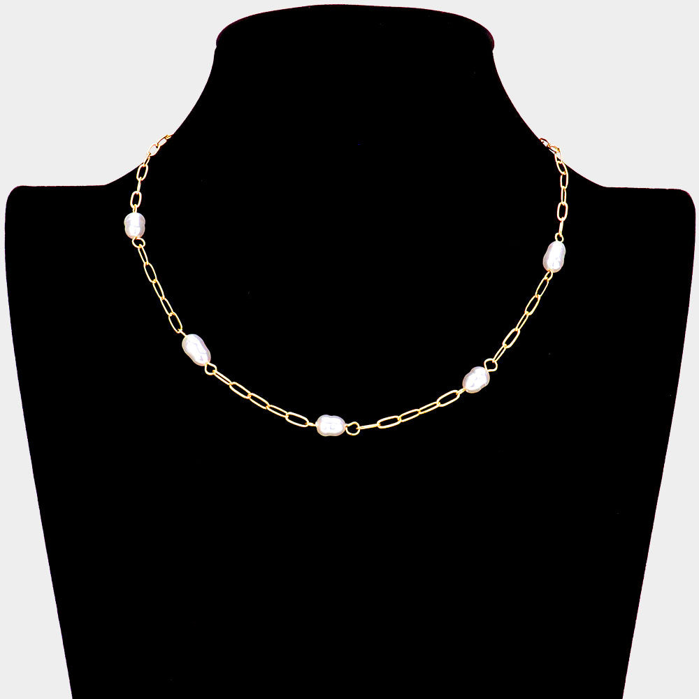 Freshwater Pearl Station Gold Necklace