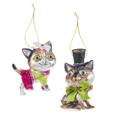 Glass Cat Couple Christmas Tree Ornament Set