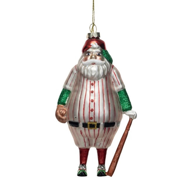 Glass Santa in Baseball Uniform & Bat Christmas Tree Ornament