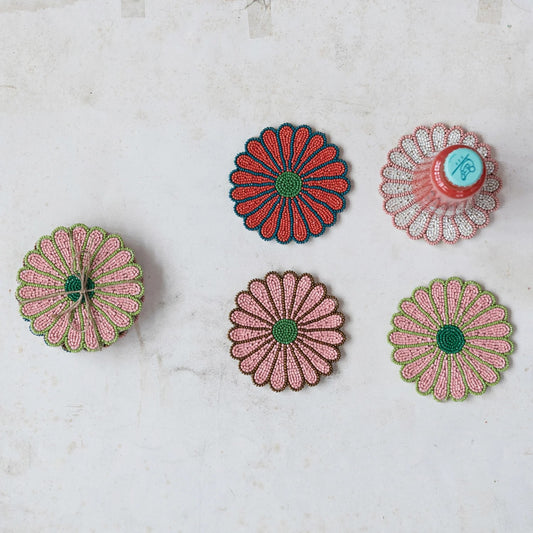 Glass Beaded Flower Shaped Coasters (Set of 4)