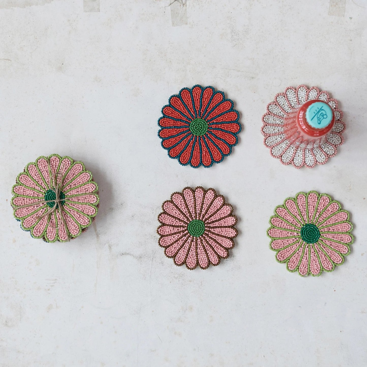 Glass Beaded Flower Shaped Coasters (Set of 4)