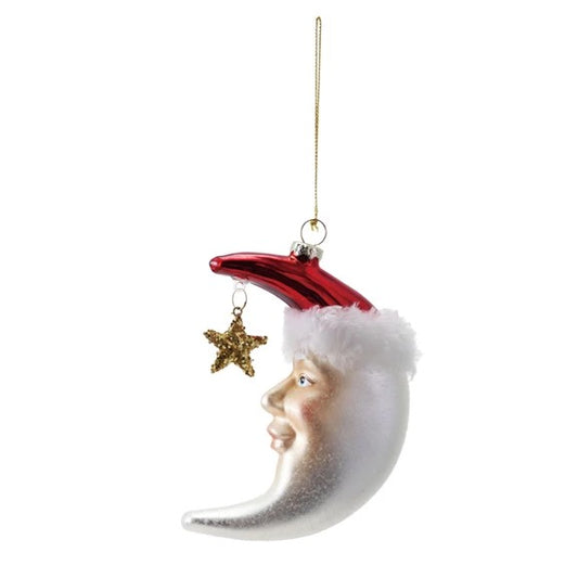 Glass Moon Christmas Tree Ornament with Santa Face & Star