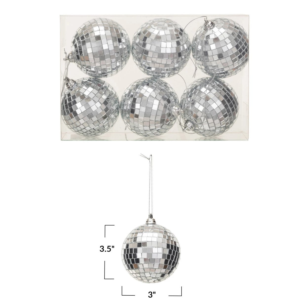 Retro Silver Glass Disco Ball Christmas Tree Ornament (Set of 6)