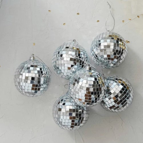Retro Silver Glass Disco Ball Christmas Tree Ornament (Set of 6)