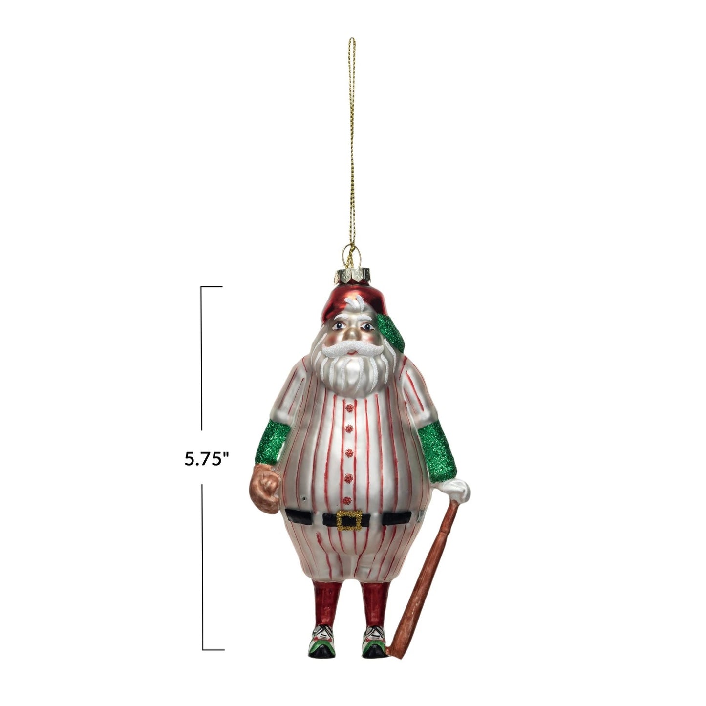 Glass Santa in Baseball Uniform & Bat Christmas Tree Ornament