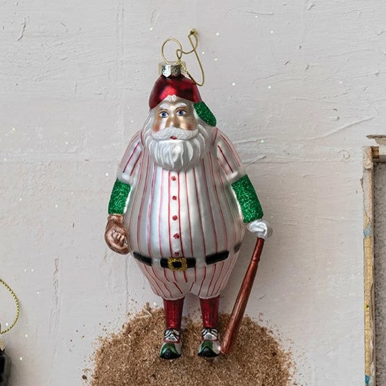 Glass Santa in Baseball Uniform & Bat Christmas Tree Ornament