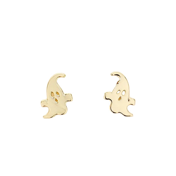 A pair of gold-dipped stud earrings shaped like ghosts, set against a white background.