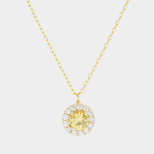 Gold Dipped CZ Cubic Zirconia Round Halo Pendant Necklace (Yellow)