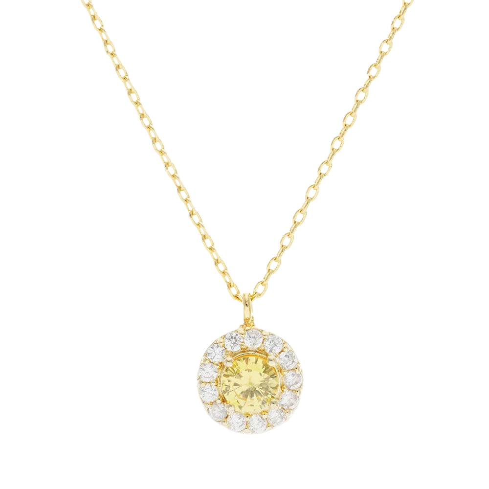 A gold dipped cubic zirconia round halo pendant necklace with a yellow central stone and white surrounding stones on a gold chain.