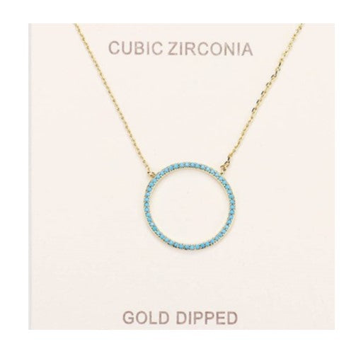 Gold Dipped Cubic Zirconia Turquoise Open Circle Necklace