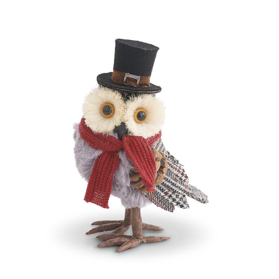 Gray Plaid Owl with Black Top Hat and Scarf