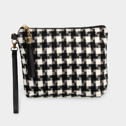 Tasseled Houndstooth Clutch with Removable Wristlet Strap