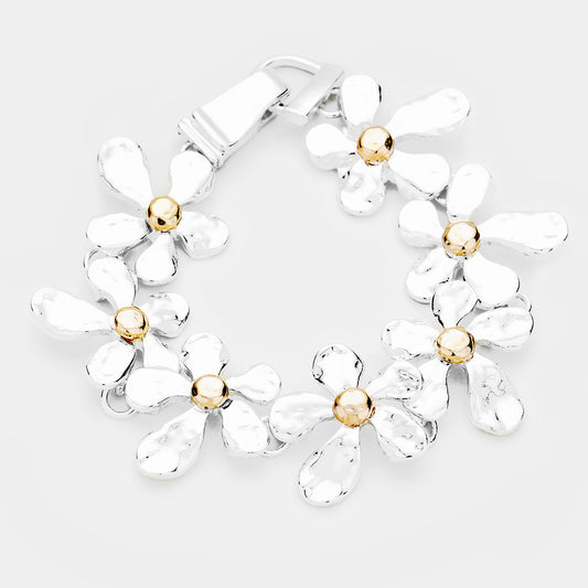 Hammered Metal Flower Magnetic Link Bracelet