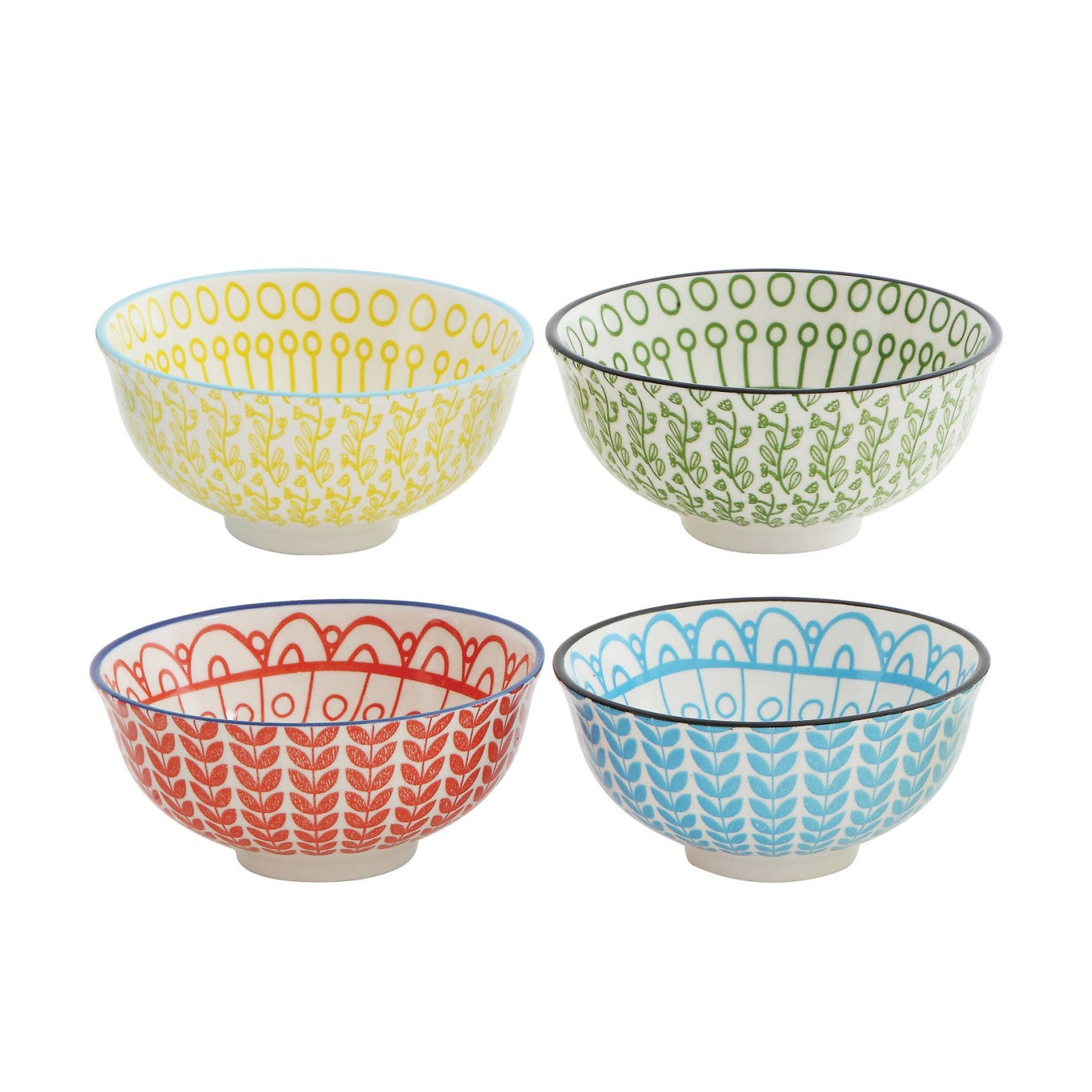Hand-Stamped Patterned Stoneware Bowls (Blue)