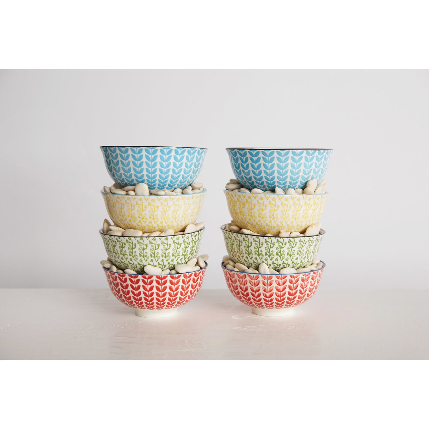 Hand-Stamped Patterned Stoneware Bowls (Blue)