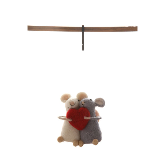 Handmade Wool Felt Mice Holding Heart Christmas Tree Ornament