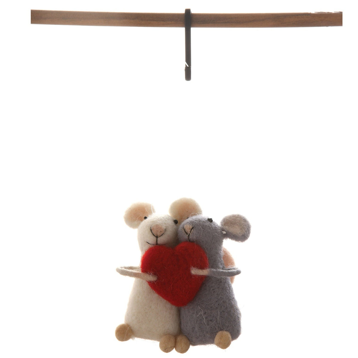 A hanging plush mouse mobile with two mice hugging a red heart, suspended from a wooden bar against a white background.