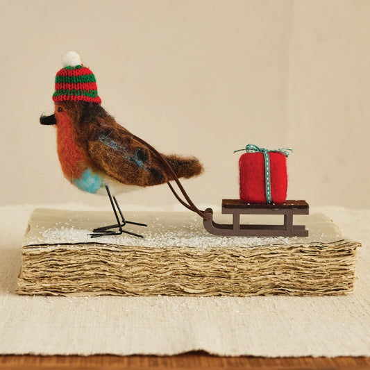 Felted Robin Bird Pulling Sleigh with Gift