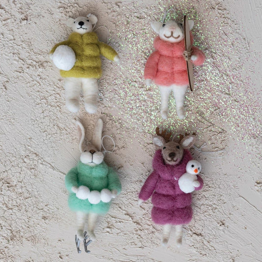 Wool Felt Animal in Winter Coat Christmas Tree Ornament (Set of 4)